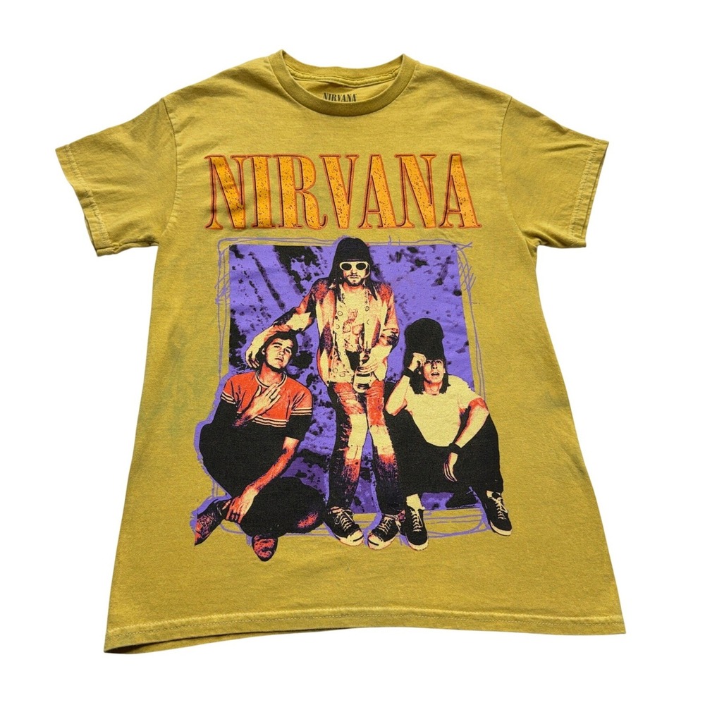 Nirvana T-Shirt Womens S Yellow Band Graphic Tee Grunge Rock 100% Cotton